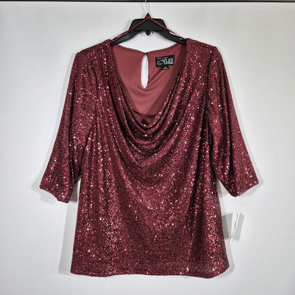 Alex Evenings Women's Size 2X Red Sequined Cowl Neck Blouse Tunic Top Plus (46) - Picture 5 of 14